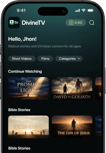 DivineTV home screen with a featured sermon and a Continue Watching row